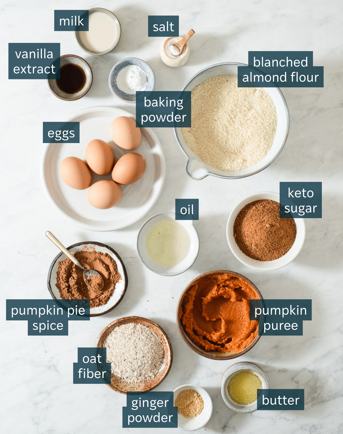 All of the ingredients for keto pumpkin bread in different sized bowls on a marble surface.
