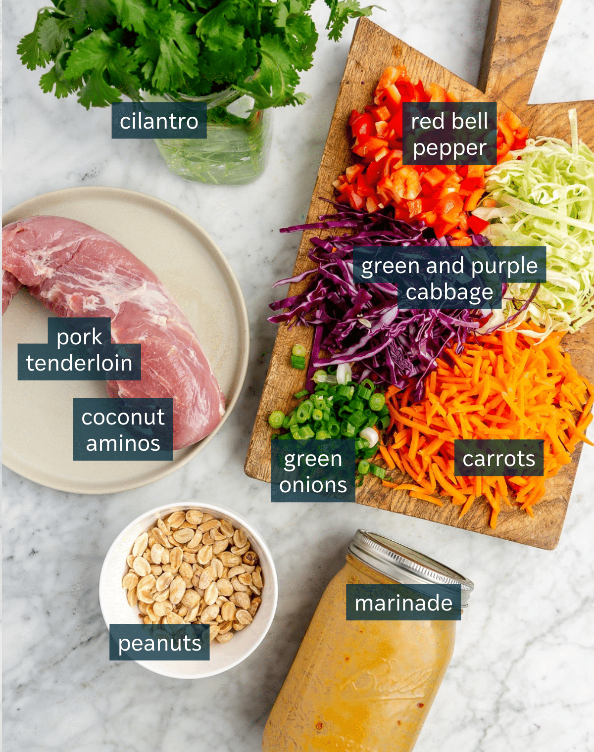 Ingredients for teriyaki pork stir fry sit on a variety of plates, bowls, and chopping blocks. All on a marble countertop.