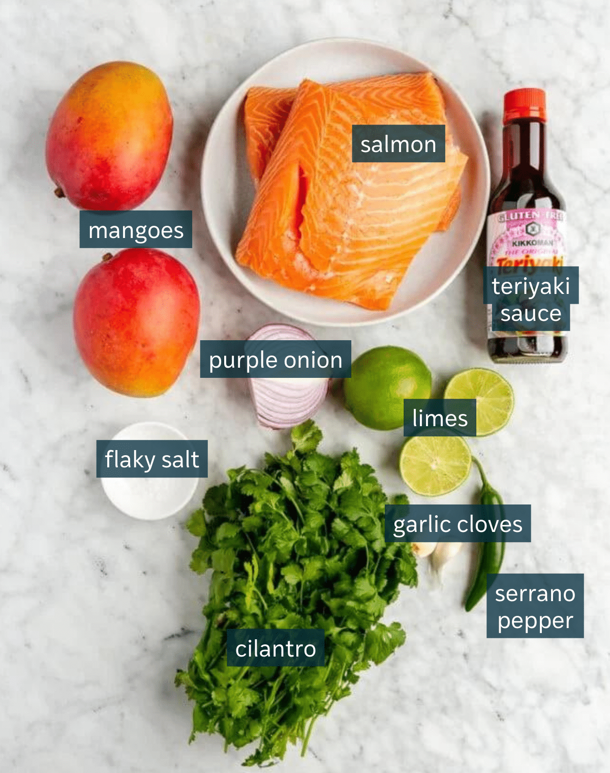 Ingredients for teriyaki salmon bowls sit on a a marble countertop.