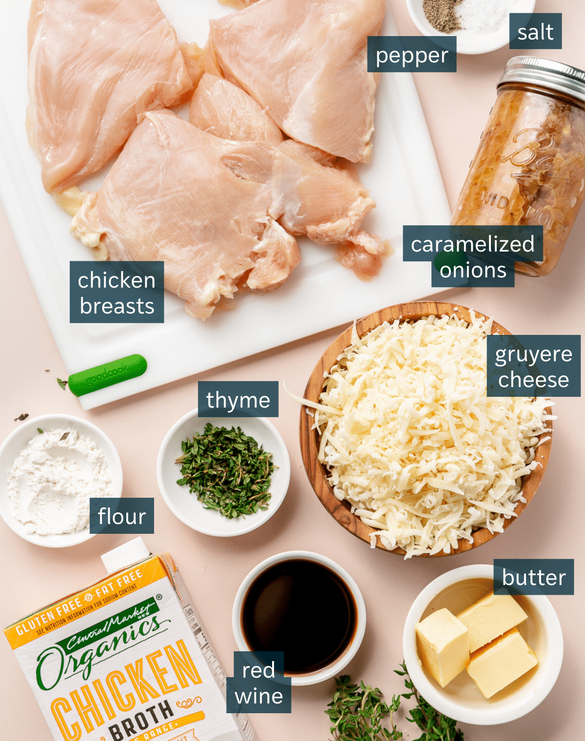 All of the ingredients for a french onion chicken bake on a light pink surface.