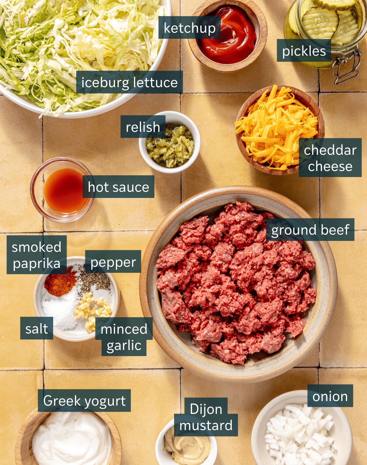 All of the ingredients needed for a Big Mac Salad (plus high-protein burger sauce) in small containers on a yellow tile surface.